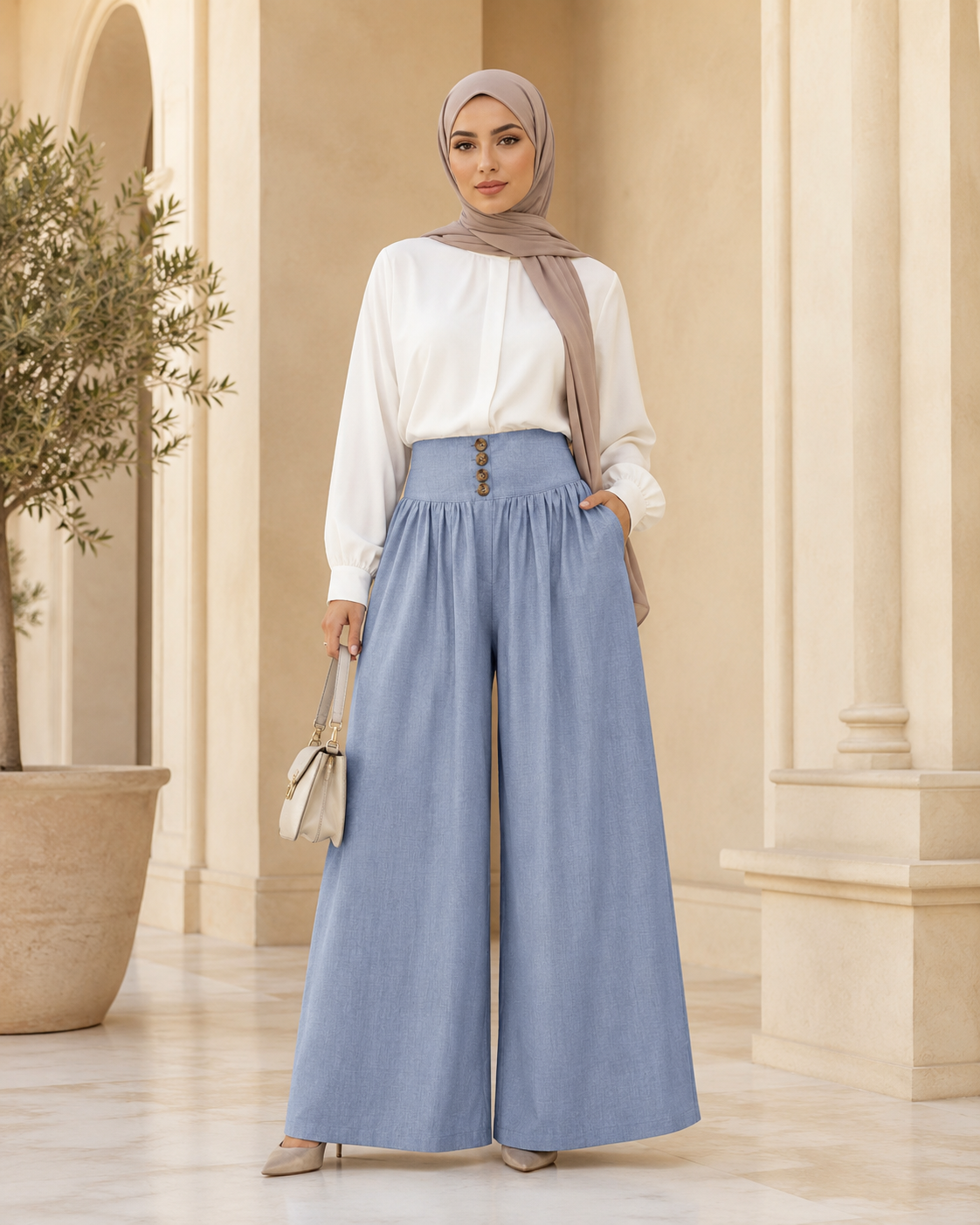 Dusty Blue Button Waist Trousers