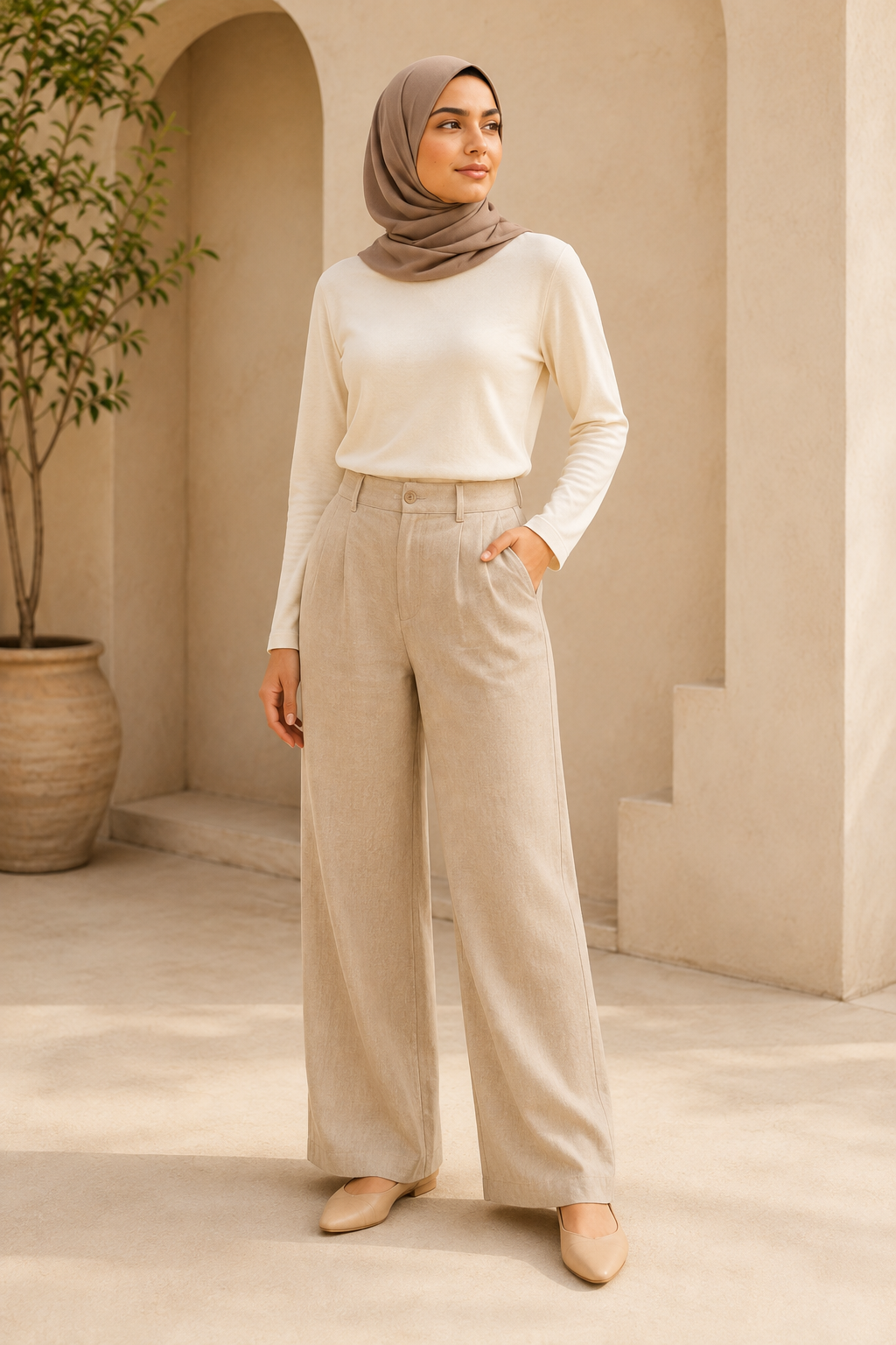 Sand Linen Wide Trousers