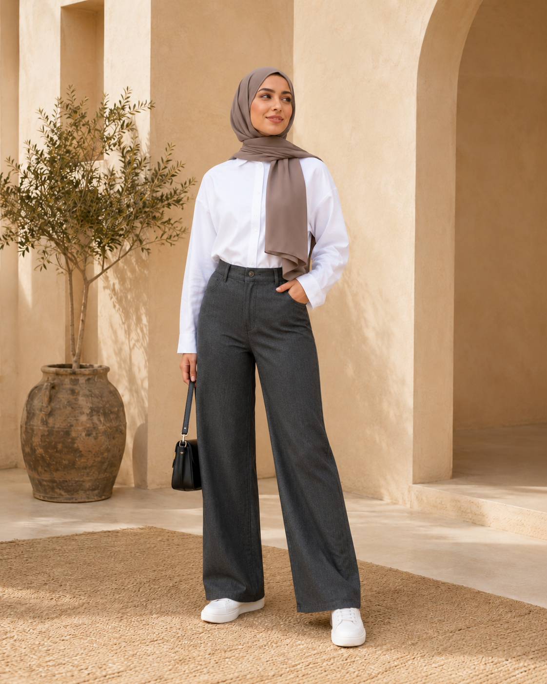 بنطلون واسع بكسرات إيكرو