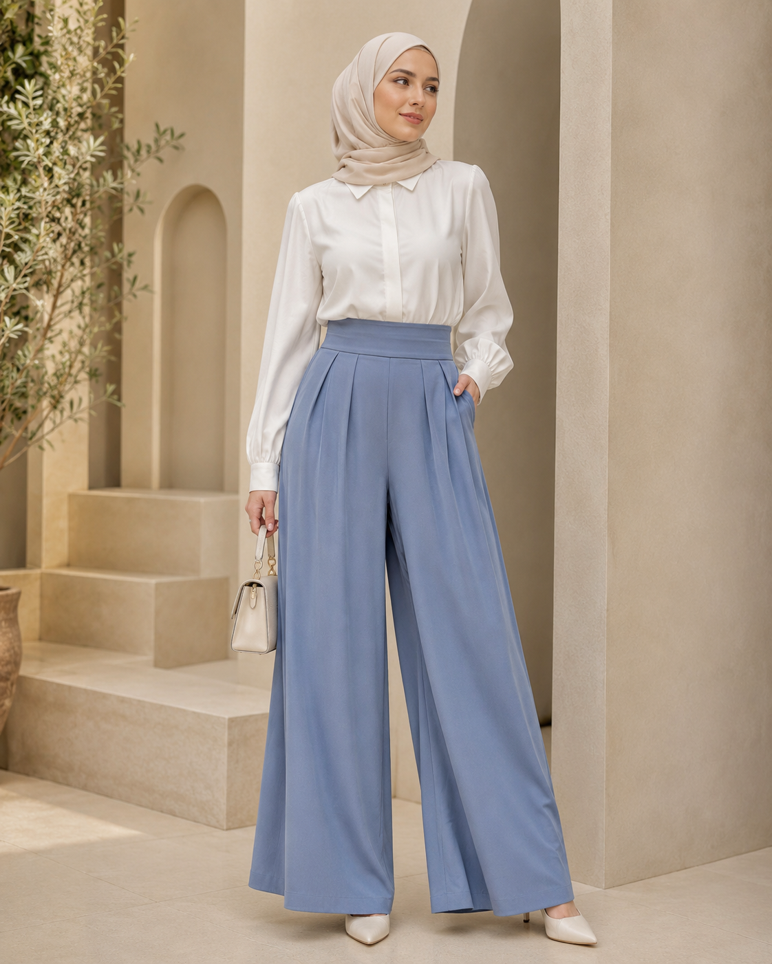 Pleated Dusty Blue Wide Trousers