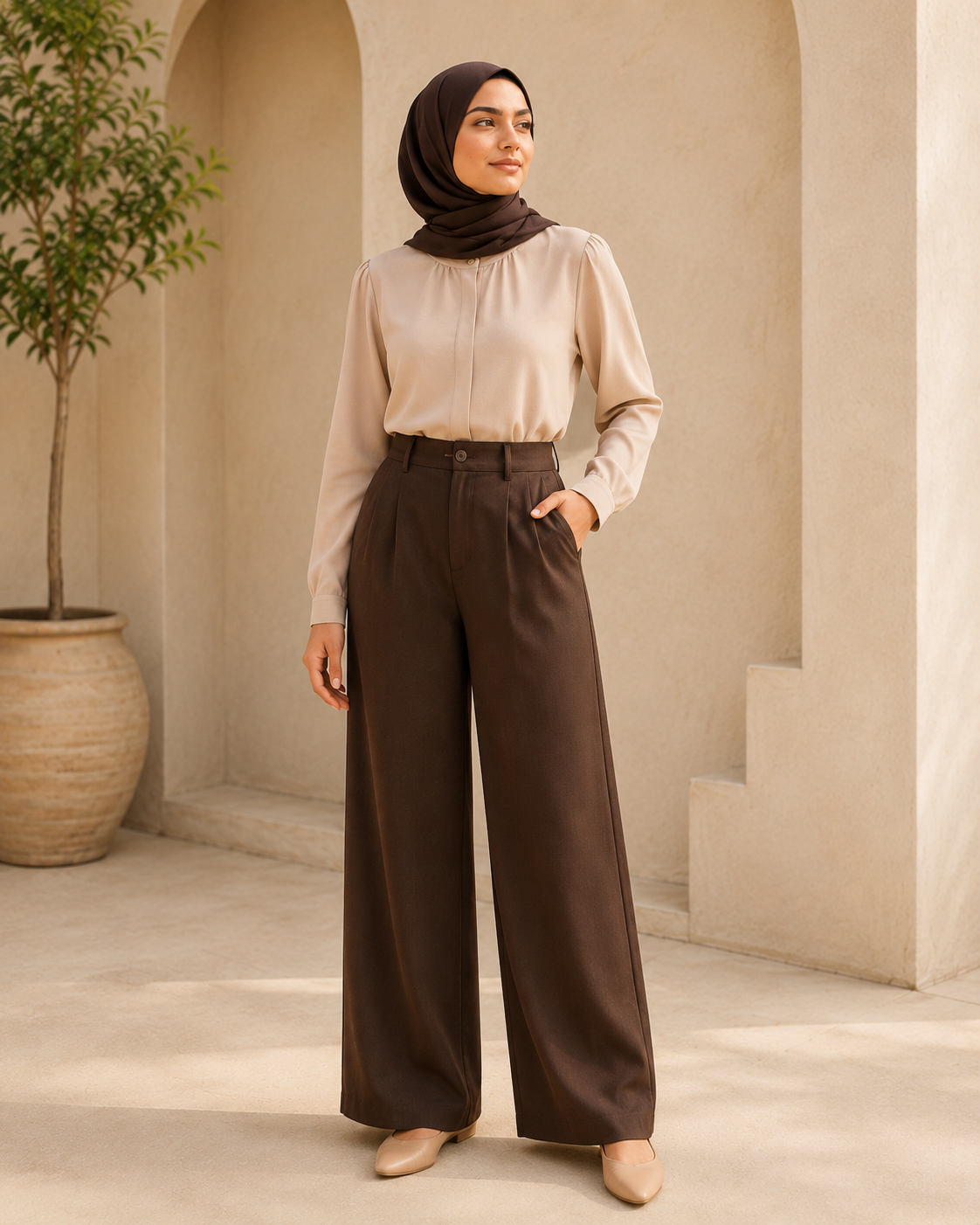 Mocha Drawstring Fabric Trousers